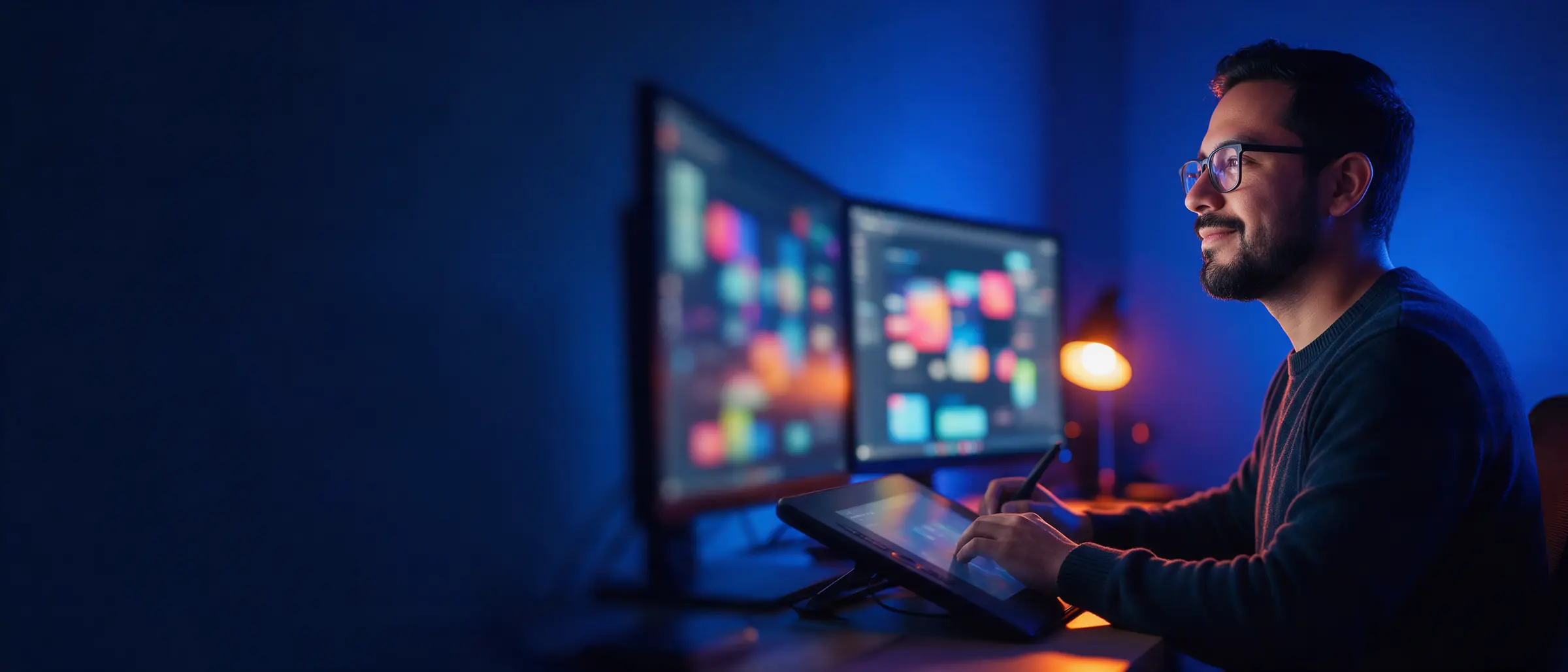Web designer working on a site interface across two monitors